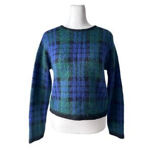 Vintage Y2K Gap Green, Blue & Black Plaid Mohair Wool Cropped Pullover Sweater